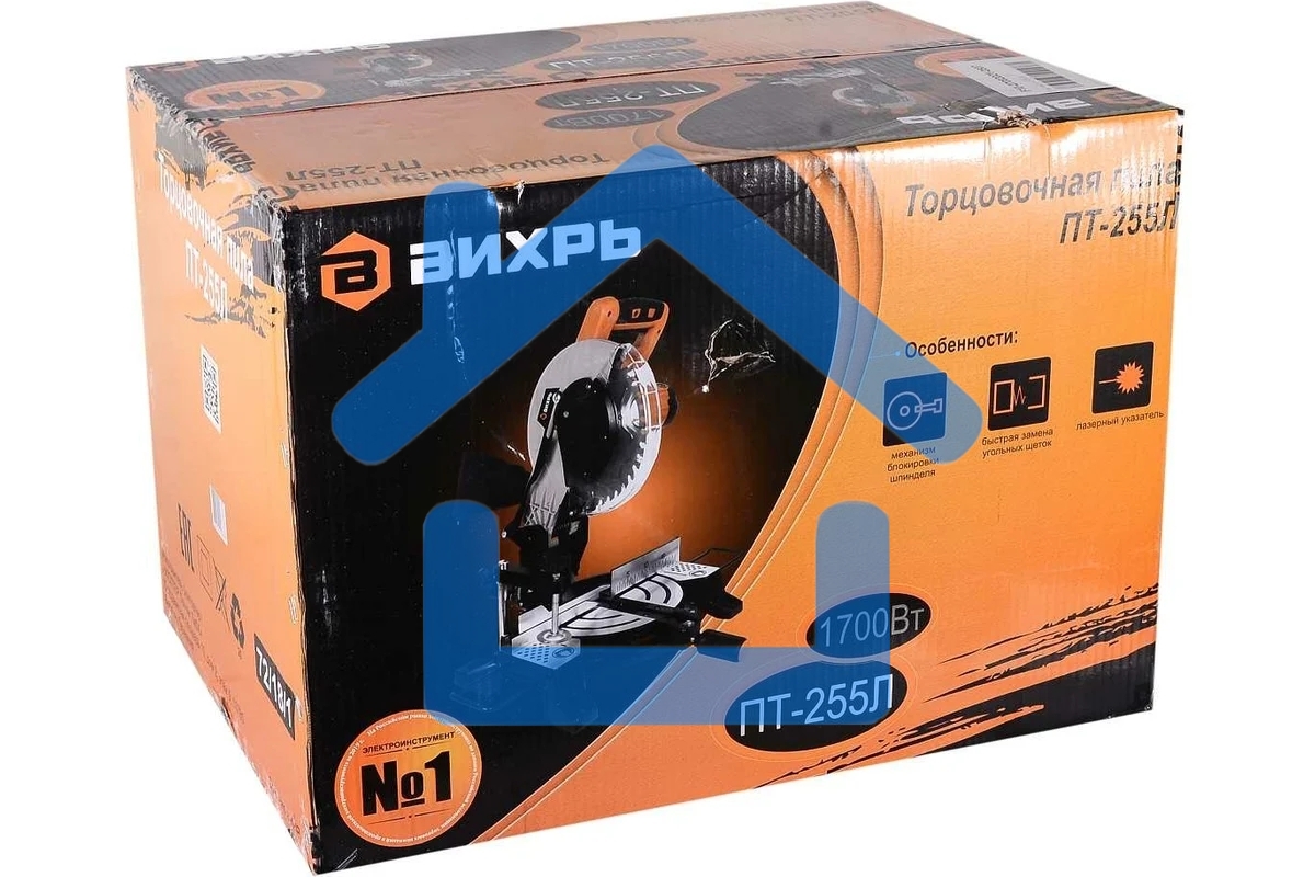 Торцовочная пила ВИХРЬ ПТ-255Л 1700 Вт, 220 В, 5000 об/мин, диск 255х30 мм, пропил 90х130 мм