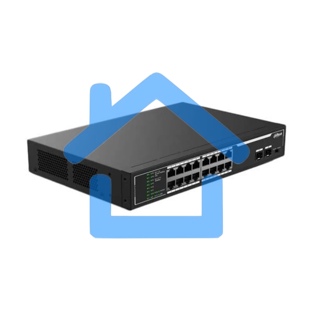 Неуправляемый 18-портовый коммутатор DAHUA DH-SF1018LP с РоЕ, 16xRJ45 100Mb PoE, 2xRJ45 1Gb, суммарно 135Вт, коммутация 7.2 Гбит/с, MAC-таблица 8К, металл