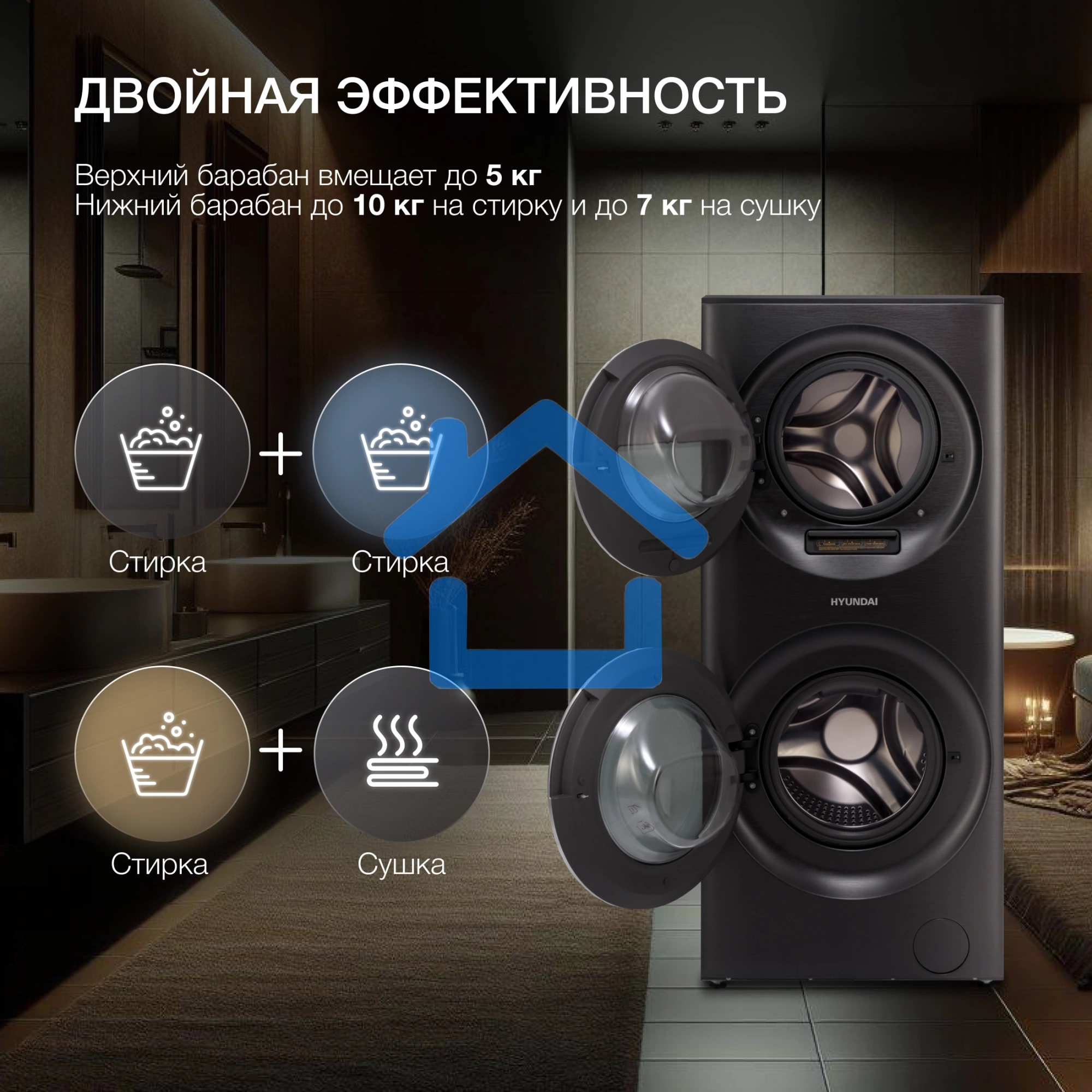 стирально-сушильная машина Hyundai Proxima WMD9424 темно-серебристый, загр. фронтальная макс.: 15 кг 1400 об/мин класс: А+++