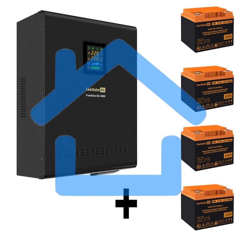 Комплект ИБП EX296003RUS + батарея 45Aч EX285666RUS 4шт (инвертор, синус, для котла, настенный) ExeGate FineSine SX-3000.LCD.AVR.2SH.T <3000VA/2100W, чистая синусоида, цветной LCD-дисплей, AVR, 2*Schuko+клеммы, линейно-интерактивный, крепление настенное, 