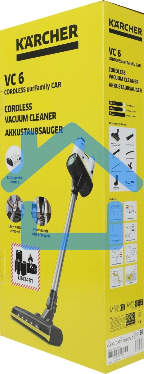 Пылесос вертикальный/ручной Karcher VC 6 Cordless ourFamily Car черный/белый, питание от аккумулятора, 250 Вт, уборка сухая, пылесборник 0.8 л, работа от АКБ max 50 мин