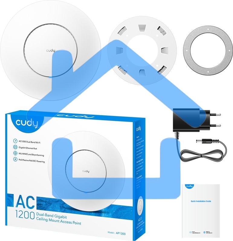 Точка доступа CUDY AC1200 Dual Band Gigabit Ceiling Mount Access Point, MT7621DAN+MT7613B+MT7603E, 867Mbps at 5GHz + 300Mbps at 2.4GHz, 1 x GbE RJ45 Port, Support 12V DC or 802.3af PoE or Passive PoE, Internal Antennas, 48V passive PoE adapter included, C