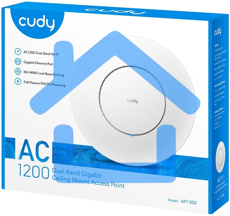 Точка доступа CUDY AC1200 Dual Band Gigabit Ceiling Mount Access Point, MT7621DAN+MT7613B+MT7603E, 867Mbps at 5GHz + 300Mbps at 2.4GHz, 1 x GbE RJ45 Port, Support 12V DC or 802.3af PoE or Passive PoE, Internal Antennas, 48V passive PoE adapter included, C