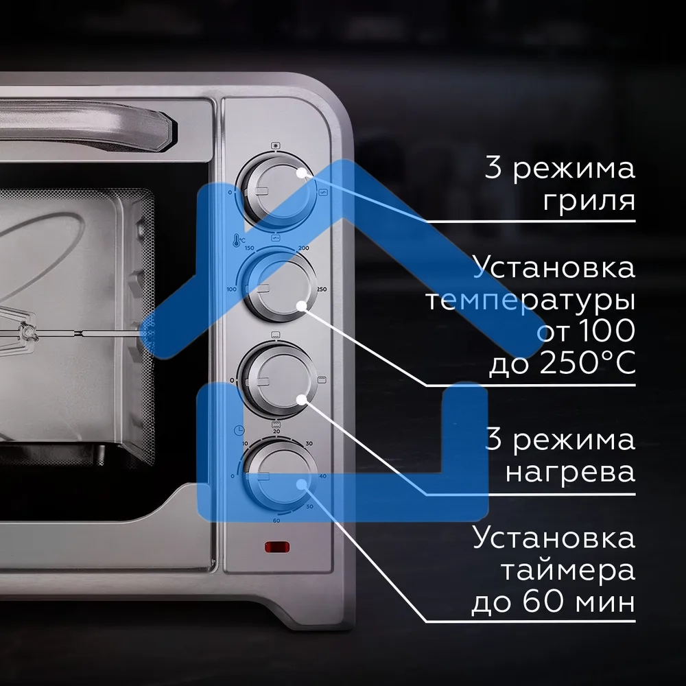 Мини-печь BQ EO1002B Мощность 1600 Вт, Объем 30 л, Конвекция, 5 режимов работы, Таймер до 60 мин черный/стальной