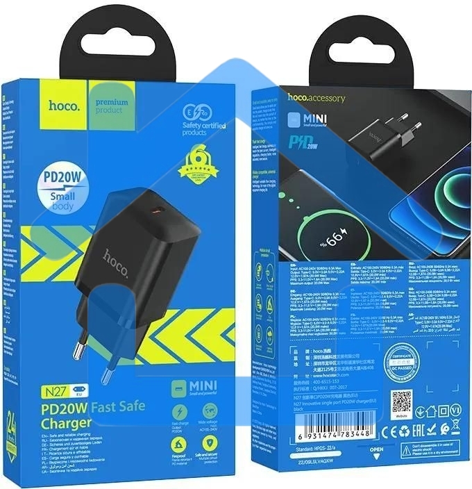 Сетевое зарядное устройство Hoco N27 Black 20W 3A+2.22A+1.67A (PD+QC+AFC) USB-C универсальное черный