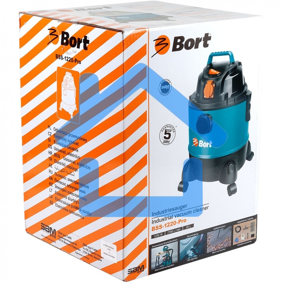 Строительный пылесос Bort BSS-1220-Pro синий, 250/1250 Вт, уборка сухая/влажная, пылесборник контейнер, 20 л