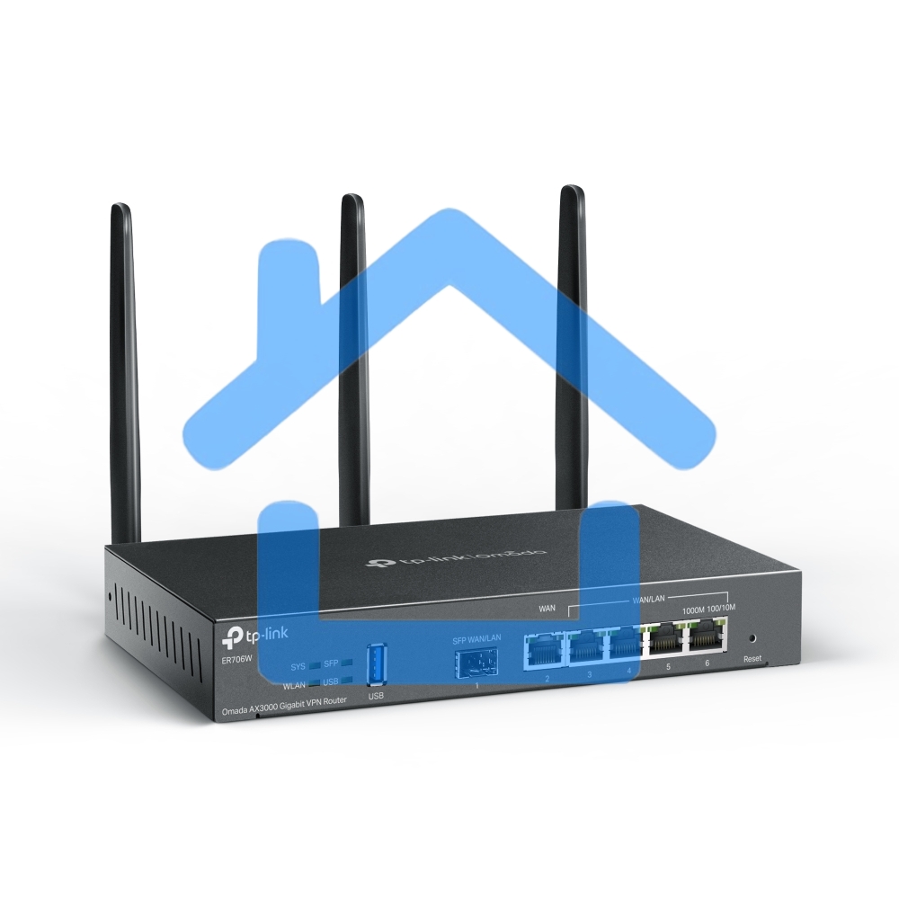 VPN-маршрутизатор TP-Link ER706W Omada с гигабитными портами и поддержкой Wi-Fi AX3000, 1 гиг. SFP WAN/LAN, 1 гиг. RJ45 WAN, 4 гиг. RJ45 WAN/LAN, USB 3.0, до 574 М/с на 2,4 ГГц + до 2402 М/с