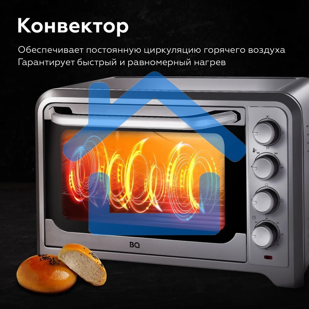 Мини-печь BQ EO1002B Мощность 1600 Вт, Объем 30 л, Конвекция, 5 режимов работы, Таймер до 60 мин черный/стальной