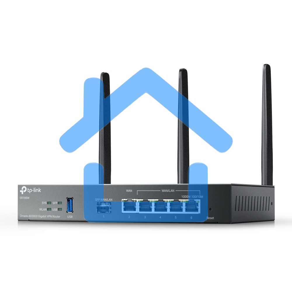 VPN-маршрутизатор TP-Link ER706W Omada с гигабитными портами и поддержкой Wi-Fi AX3000, 1 гиг. SFP WAN/LAN, 1 гиг. RJ45 WAN, 4 гиг. RJ45 WAN/LAN, USB 3.0, до 574 М/с на 2,4 ГГц + до 2402 М/с