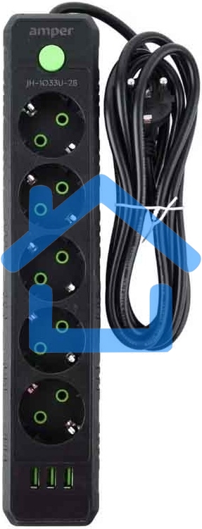 Сетевой удлинитель Amper JH-1033U-2B черный, 2 м, евро, 5 розеток, 2500 Вт, 3 USB