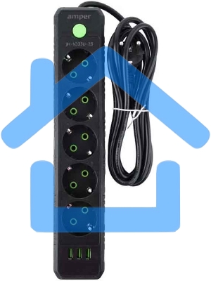 Сетевой удлинитель Amper JH-1033U-2B черный, 2 м, евро, 5 розеток, 2500 Вт, 3 USB