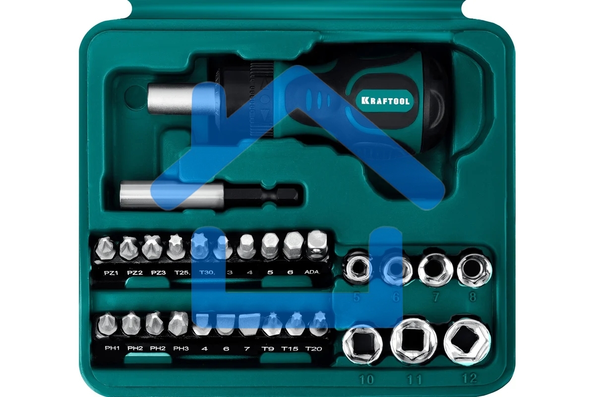 Набор KRAFTOOL Отвертка реверсивная с битами и торцевыми головками и сверлами, 43 предмета 25556-H43