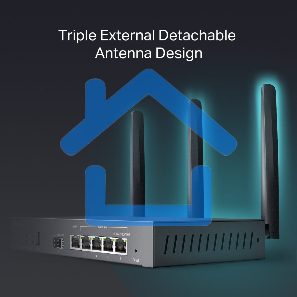 VPN-маршрутизатор TP-Link ER706W Omada с гигабитными портами и поддержкой Wi-Fi AX3000, 1 гиг. SFP WAN/LAN, 1 гиг. RJ45 WAN, 4 гиг. RJ45 WAN/LAN, USB 3.0, до 574 М/с на 2,4 ГГц + до 2402 М/с