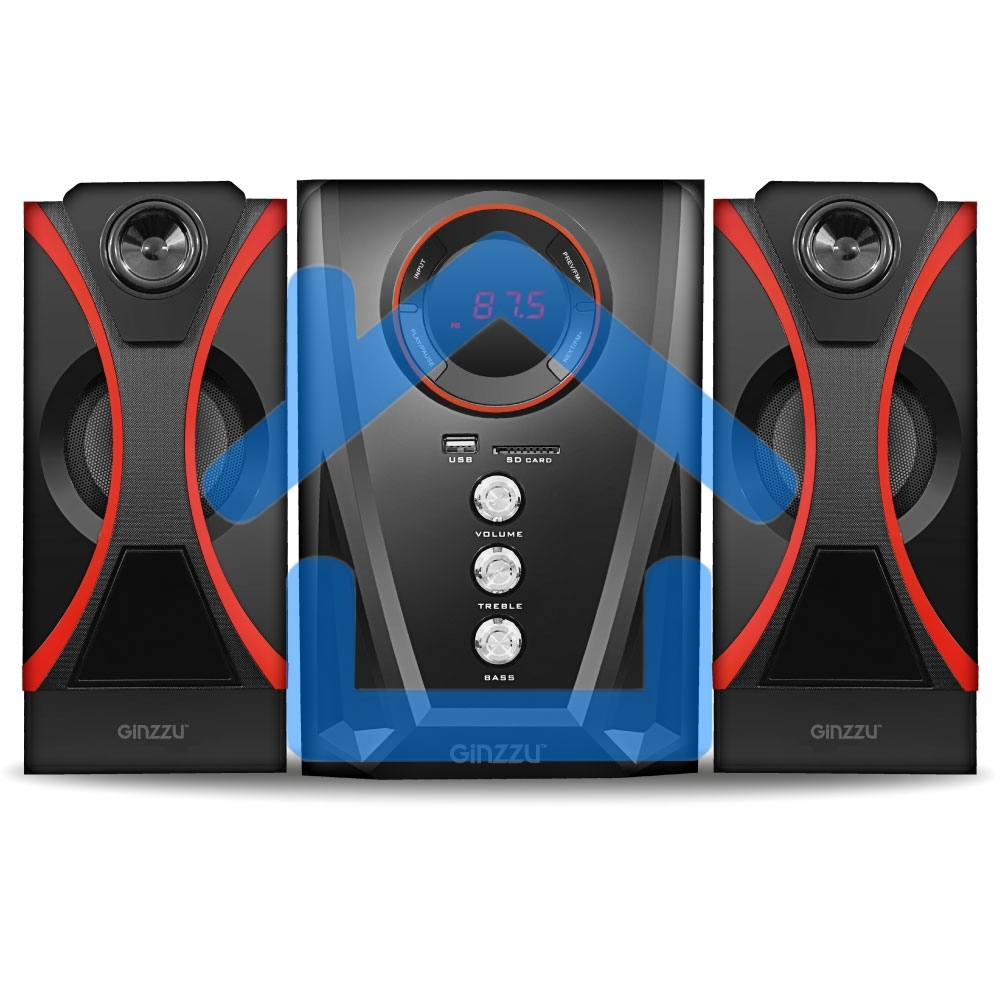 Мультимедийная акустическая система GINZZU GM-407 2.1 с Bluetooth. Выходная мощность (RMS) 40 Вт. Диапазон воспроизводимых частот: 40Гц - 20КГц. Bluetooth: V2.1. Встроенный аудио-плеер: SD-card, USB-flash до 32 ГБ. FM радио: 87.5МГц - 108.0МГц. Вход AUX: 