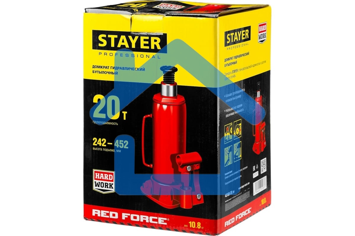 Домкрат STAYER 43160-20_z01 гидравлический бутылочный red force 20т 242-452мм