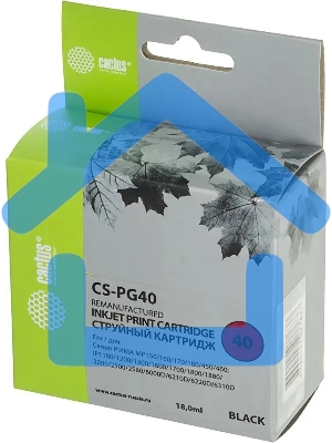 Картридж струйный Cactus CS-PG40 черный (18 мл) для Canon Pixma MP150/MP160/MP170/MP180/MP210/MP220/MP450/MP460/MP470/iP1200/iP1300/iP1600/iP1700/iP1800/iP190