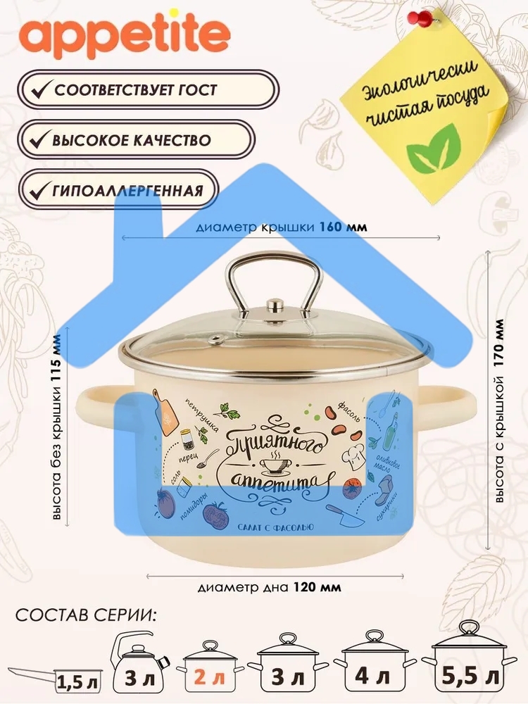Кастрюля Appetite 1RD161S Приятного аппетита с крышкой, эмалированная сталь 2 л