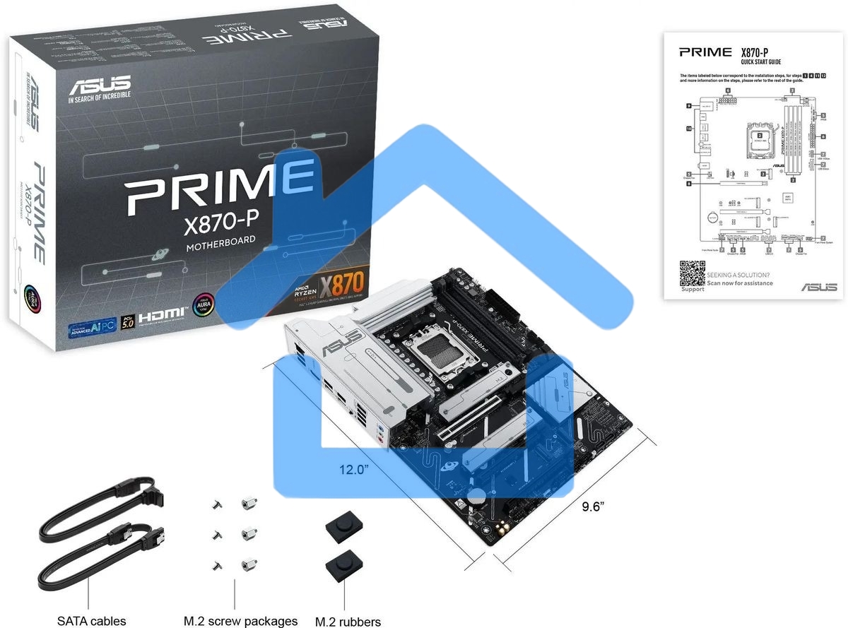 Материнская плата ASUS PRIME X870-P, AM5, AMD X870, 4xDDR5, 2xSATA, 4xM.2, 1xPCIe 5.0 x16, 2xPCIe 4.0 x1, 1xHDMI, 2xUSB-C, 1x 2.5Gb LAN, 4xUSB-A 3.2 Gen 1, 1xUSB-A 3.2 Gen 2, 4xUSB-A 2.0, 3x3.5 мм, 7.1, ATX