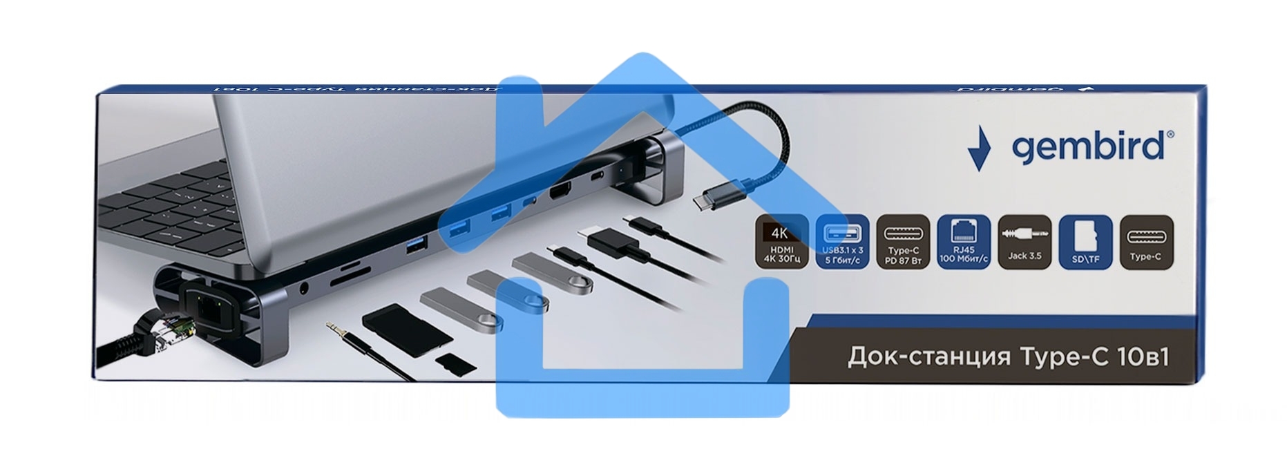 Док-станция Type-C Gembird UHB-D5, 10в1: 3xUSB3.1, Type-C PD87W, Jack 3.5, SD/TF, HDMI, RJ45, Type-C, кабель 14см, алюминий