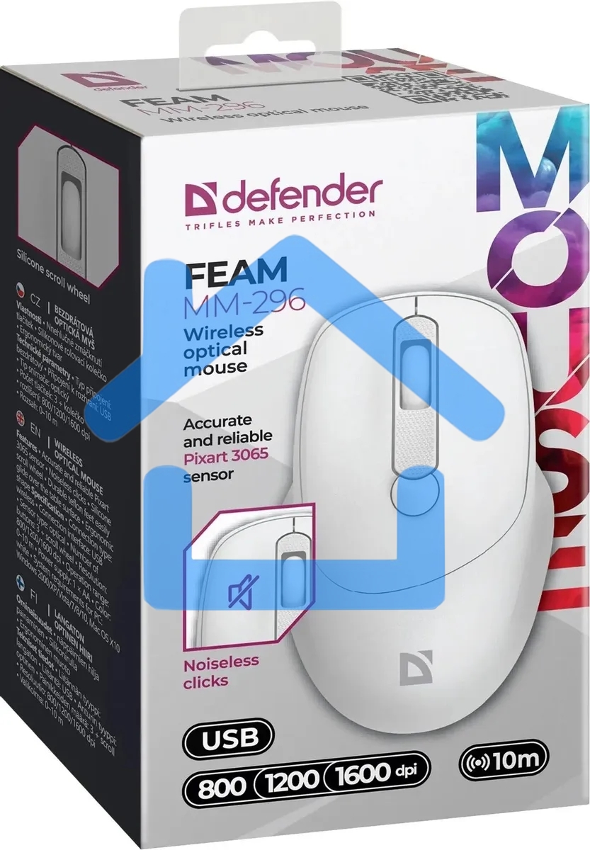 Мышь беспроводная Defender Feam MM-296 белый, 1600 dpi, радиоканал, USB, кнопки - 4