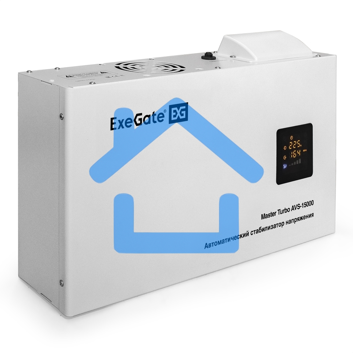 Стабилизатор напряжения настенный ExeGate Master Turbo AVS-15000 (15000ВА, вход 100-265В, цветной дисплей, выход 220В±8%, КПД 98%, 5 уровней защиты, задержка, усиленный метал.корпус, 1*Schuko+клем.колодка, RTL)
