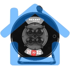 Удлинитель силовой Rexant КГ на катушке 4 гнезда, с/з, 30м, 3х1,5мм², IP44 c защитными крышками, металлическая катушка