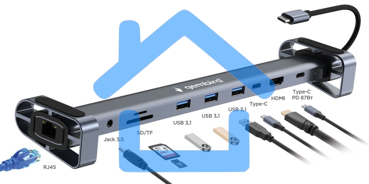 Док-станция Type-C Gembird UHB-D5, 10в1: 3xUSB3.1, Type-C PD87W, Jack 3.5, SD/TF, HDMI, RJ45, Type-C, кабель 14см, алюминий