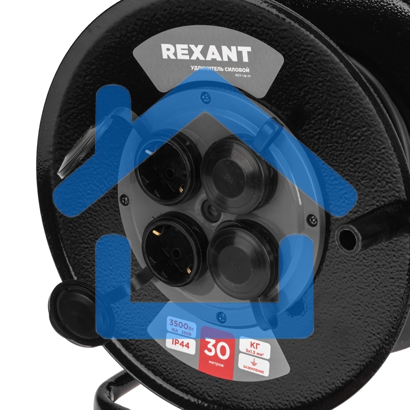 Удлинитель силовой Rexant КГ на катушке 4 гнезда, с/з, 30м, 3х1,5мм², IP44 c защитными крышками, металлическая катушка
