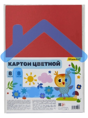 Картон цветной Silwerhof ассорти немелованная 8л. 8цв. A4 Веселые друзья 230г/м2 1диз. ПЭТ (упаковка: 25шт)