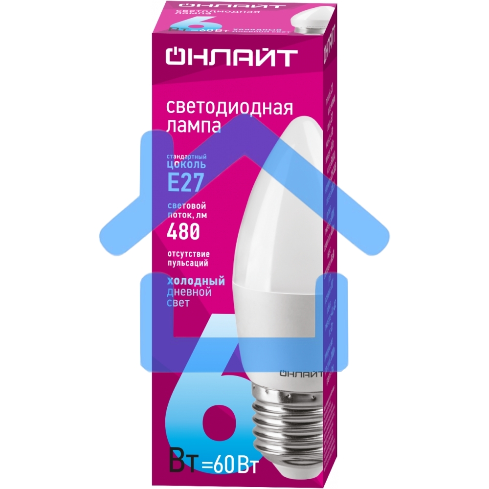 Лампа светодиодная ОНЛАЙТ 61129 OLL-C37-6-230-6.5K-E27-FR