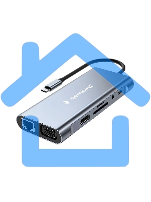 Док-станция Type-C Gembird UHB-D4, 10в1: 3xUSB3.1, Type-C PD87W, Jack 3.5, SD/TF, HDMI, RJ45, VGA, кабель 15см, алюминий