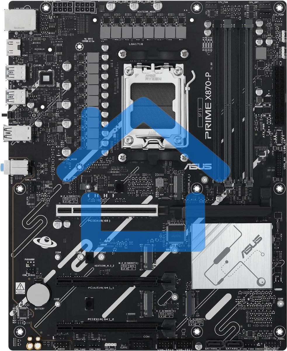 Материнская плата ASUS PRIME X870-P, AM5, AMD X870, 4xDDR5, 2xSATA, 4xM.2, 1xPCIe 5.0 x16, 2xPCIe 4.0 x1, 1xHDMI, 2xUSB-C, 1x 2.5Gb LAN, 4xUSB-A 3.2 Gen 1, 1xUSB-A 3.2 Gen 2, 4xUSB-A 2.0, 3x3.5 мм, 7.1, ATX