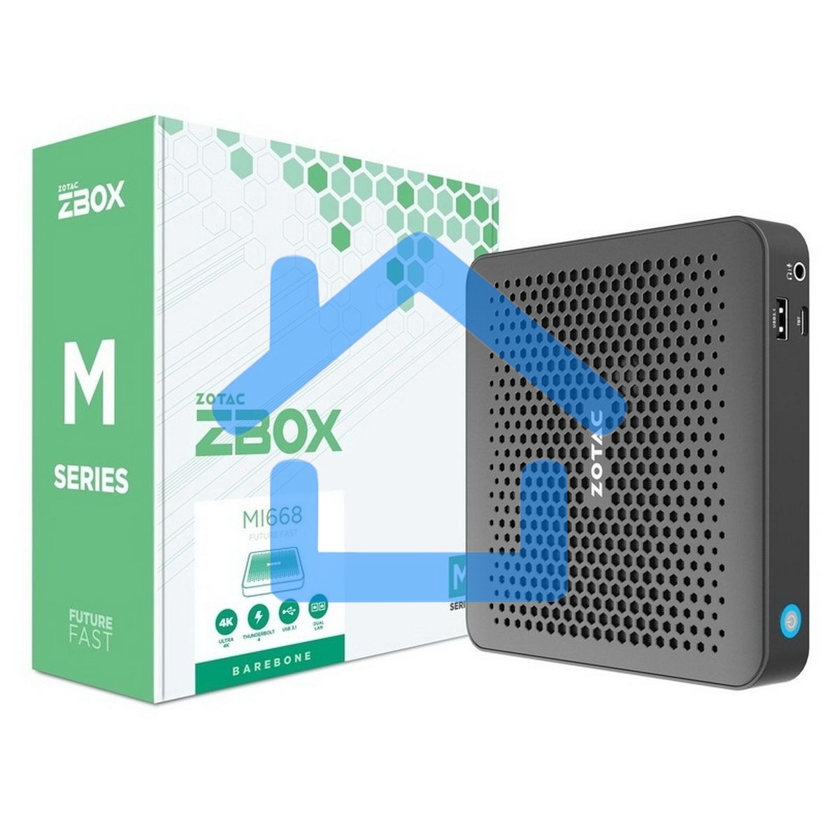 Мини ПК ZOTAC ZBOX MI668, Barebone, Intel i7-1360P, 2x DDR5-5200/4800 SODIMM, M.2 SSD SLOT, 2x GLAN, WIFI, BT, USBDRV, DP/HDMI, EU+UK PLUG 