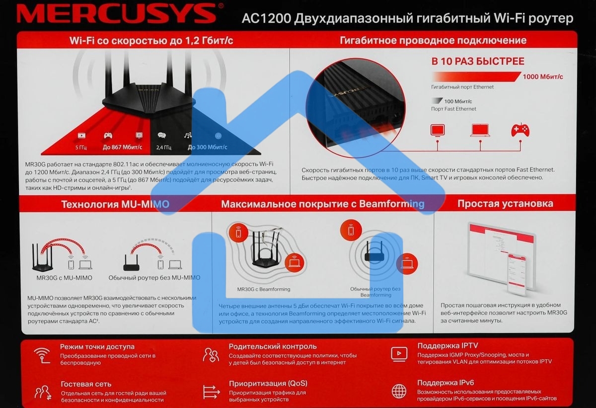 Wi-Fi роутер MERCUSYS MR30G, Wi-Fi 5, AC1200, 2.4/5ГГц, 2 LAN, черный
