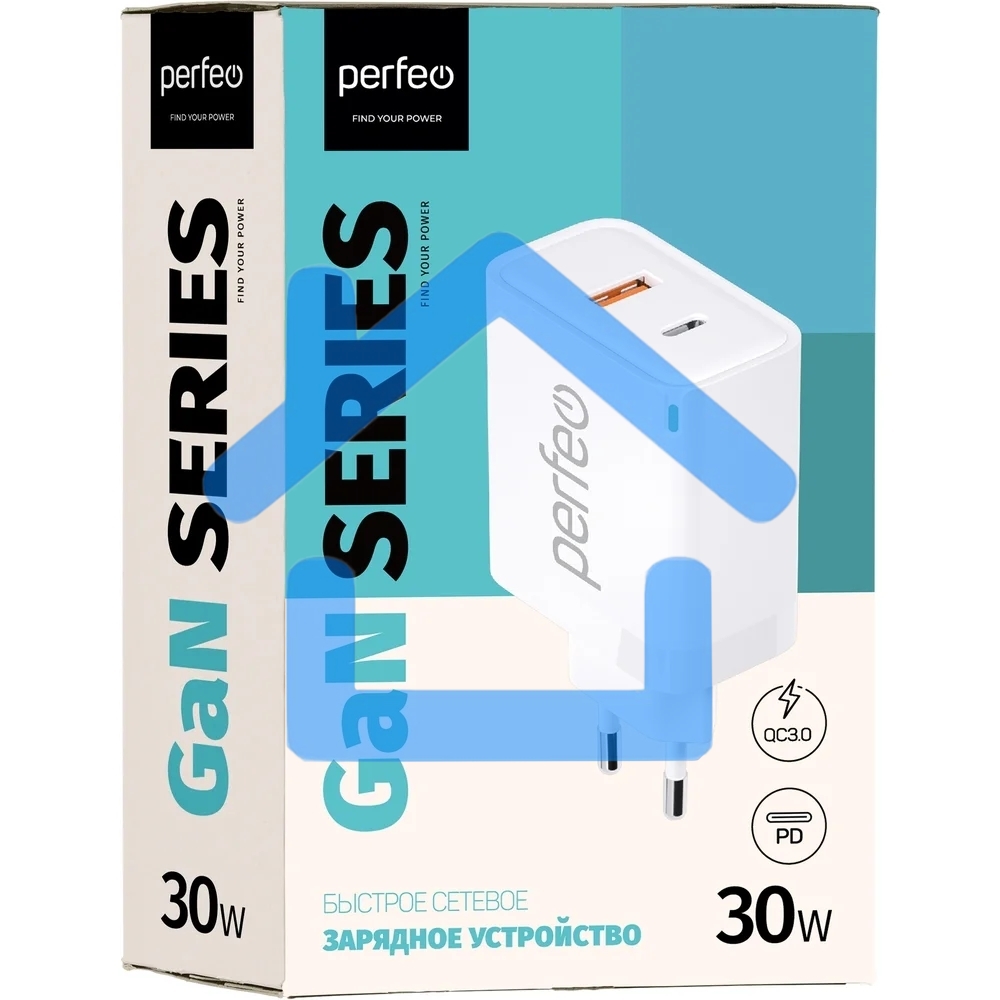 Сетевое зарядное устройство с двумя разъемами PERFEO USB-A+TYPE-C, GaN, 30W, белый (I4653)