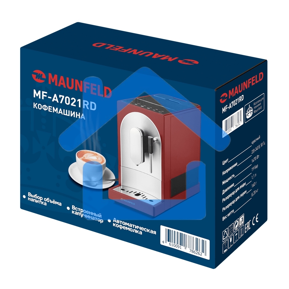 Кофемашина автоматическая Maunfeld MF-A7021RD красный, исп. кофе - зерна, 1.1 л, 1470 Вт, 19 Бар.