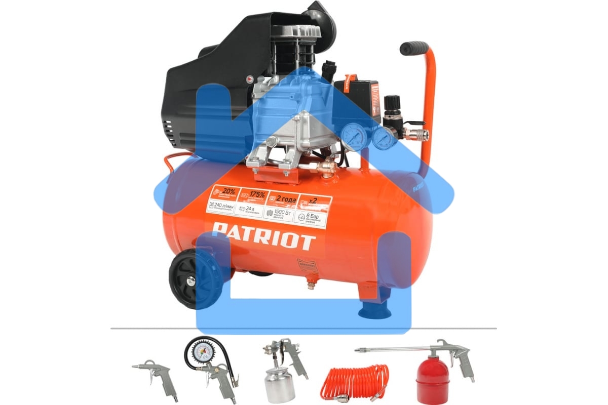 Компрессор PATRIOT EURO 50-260К 525306316 Мощность: 1.8 кВт; Напряжение: 230В~50Гц; Обороты двигателя: 2850 об/мин; Производительность: 260 л/мин; Объем ресивера: 50 л; Давление: 8 бар; Вес: 28,5