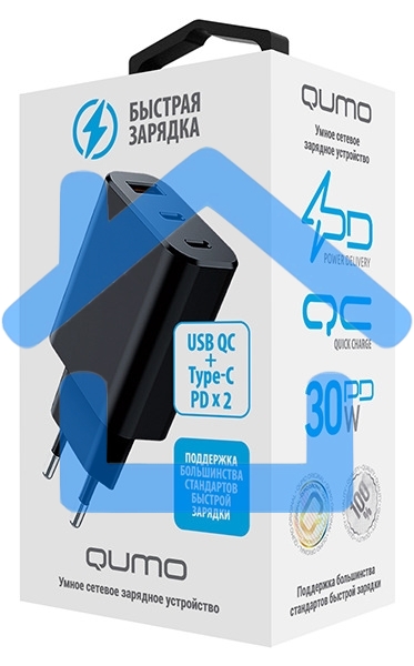 СЗУ Qumo Energy GaN PD 30W (Charger 0073), три порта: 2х Type-C PD + USB-A QC3.0,черный