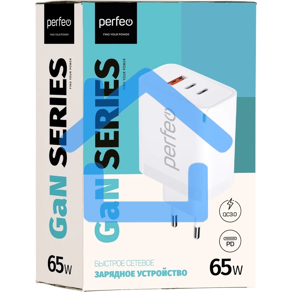 Сетевое зарядное устройство с тремя разъемами PERFEO USB-A+2xTYPE-C, GaN, 65W, белый (I4655)