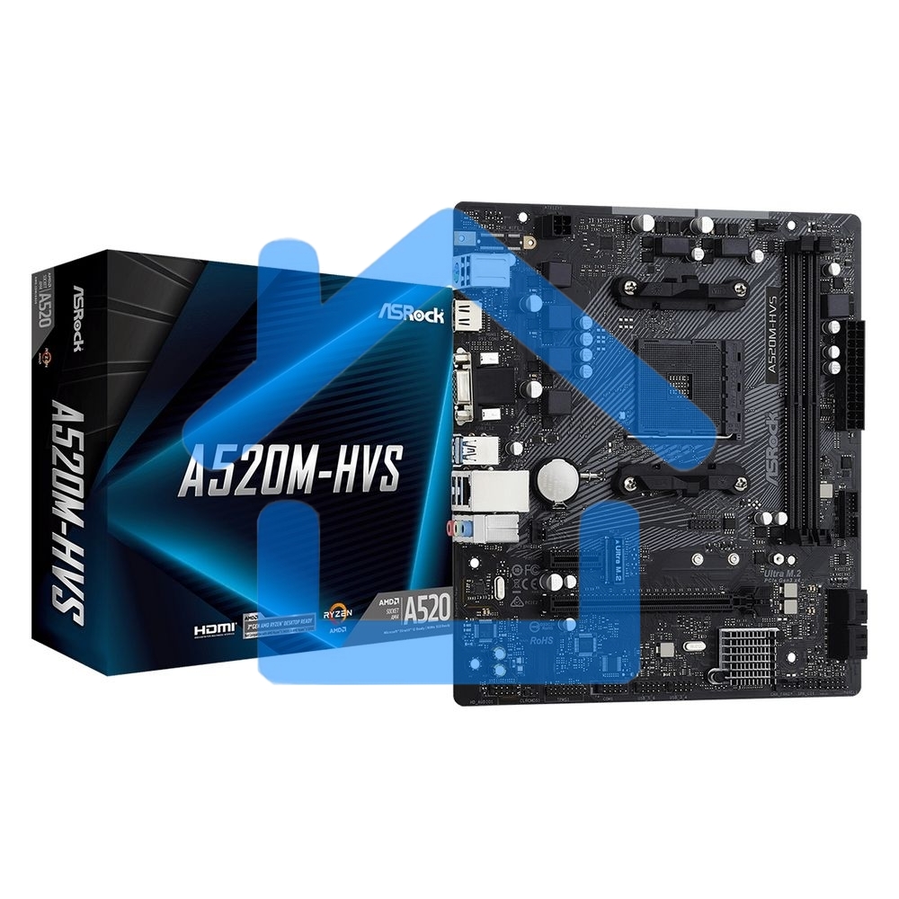 Материнская плата ASRock A520M-HVS, AM4, AMD A520, 2xDDR4, 4xSATA, 1xM.2, 1xPCIe 3.0 x16, 1xPCIe 3.0 x1, 1xHDMI, 1xVGA, 1x 1Gb LAN, 3x3.5 мм, 7.1, mATX