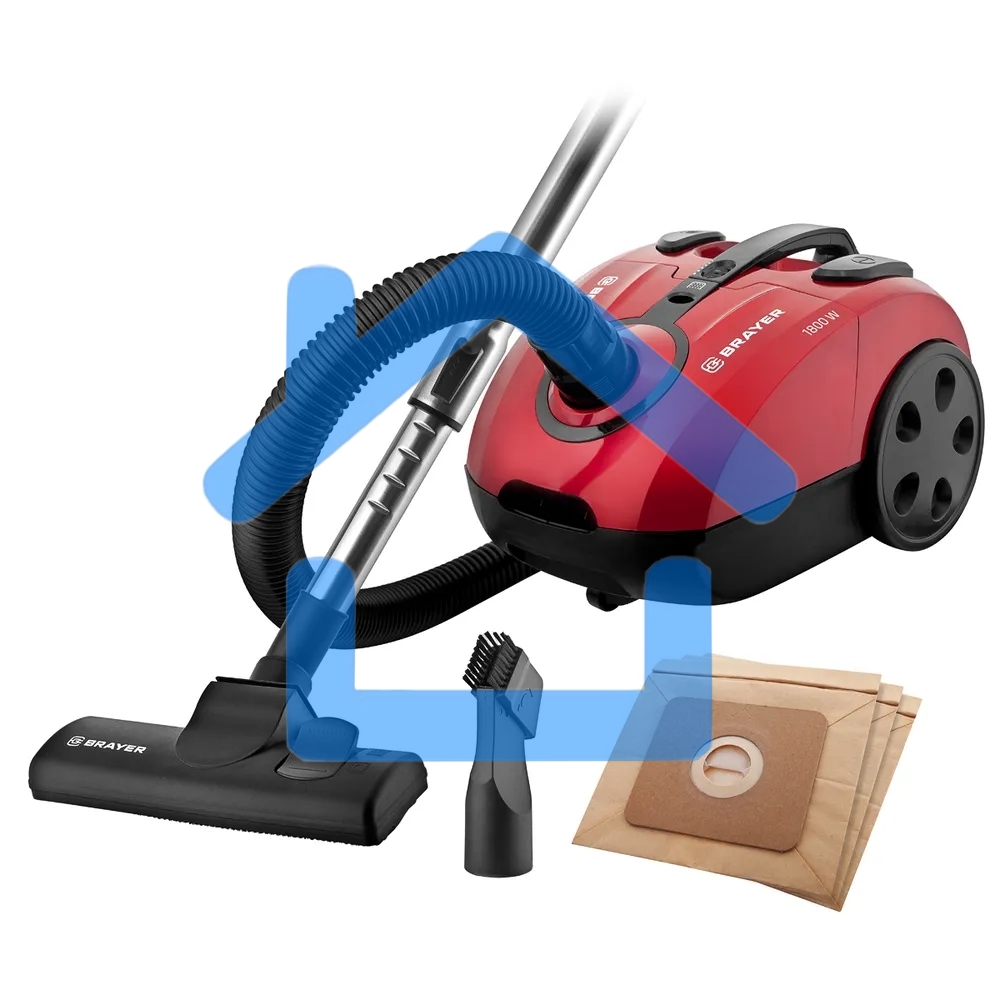 Пылесос BRAYER BR4223 черный/красный, 380/1800 Вт, уборка сухая, пылесборник мешок 2.5 л