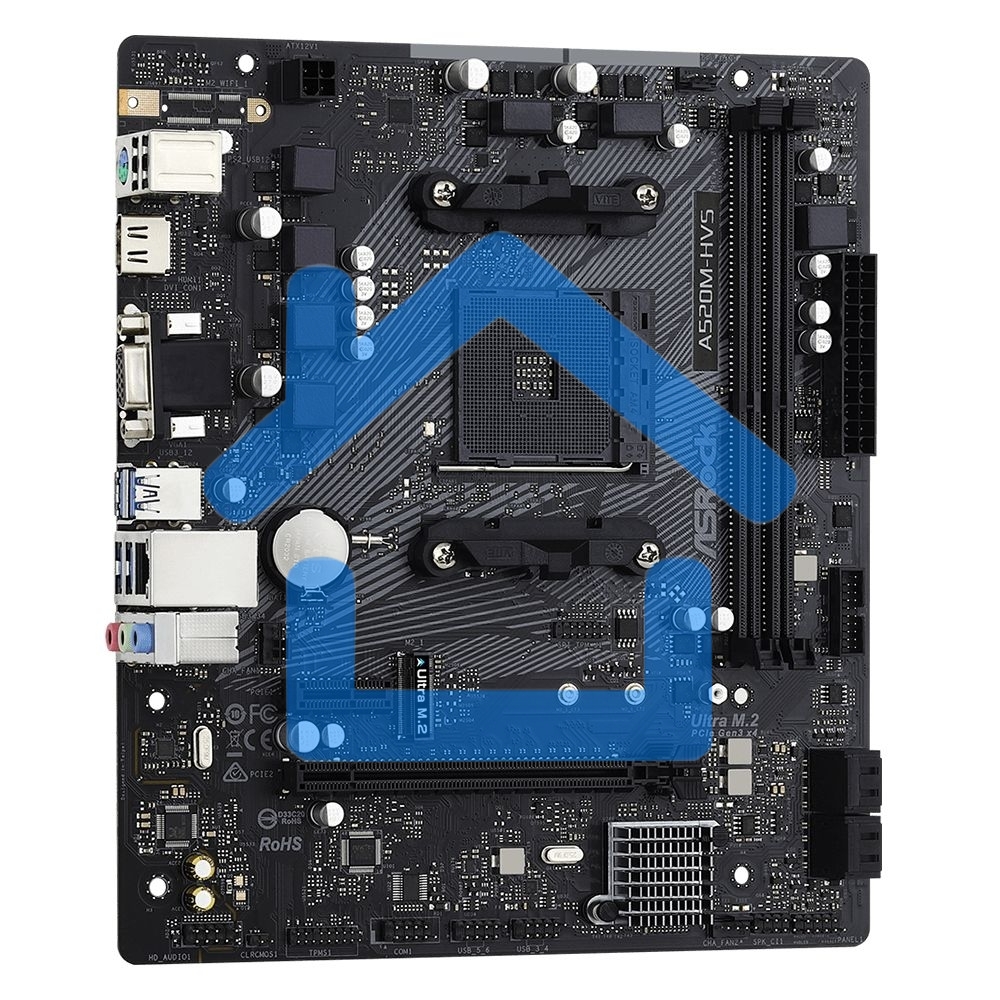 Материнская плата ASRock A520M-HVS, AM4, AMD A520, 2xDDR4, 4xSATA, 1xM.2, 1xPCIe 3.0 x16, 1xPCIe 3.0 x1, 1xHDMI, 1xVGA, 1x 1Gb LAN, 3x3.5 мм, 7.1, mATX