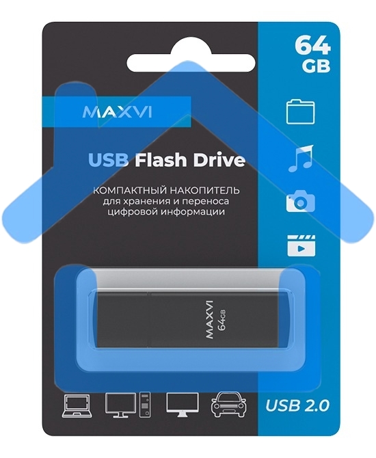 Флешка USB R/W Maxvi MP2 64Gb USB 2.0 black, монолит с колпачком, ABS пластик + металл
