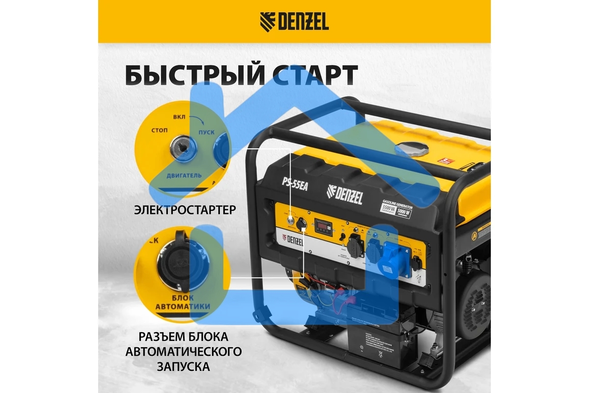 Электрогенератор бензиновый Denzel PS-55EA, 5.5 кВт, 85 дБ, 86 кг
