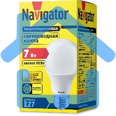 Лампа светодиодная Navigator NLL-A60/A55-7-230-2.7K-E27 7 Вт грушевидная 2700К тепл. бел. E27 525лм 220-240В