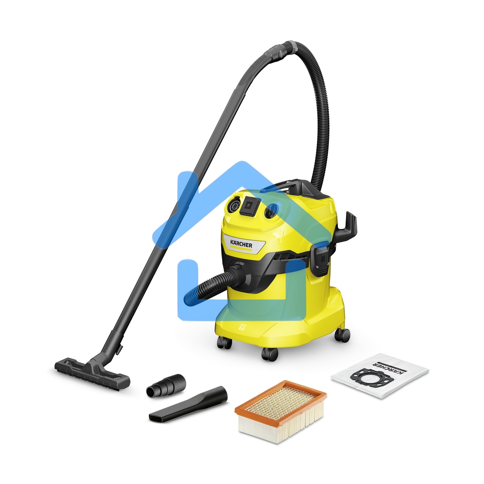 Строительный пылесос Karcher WD 4 P V-20/5/22 желтый, 1000 Вт, уборка сухая/сбор воды/выдув, пылесборник мешок/контейнер, 20 л