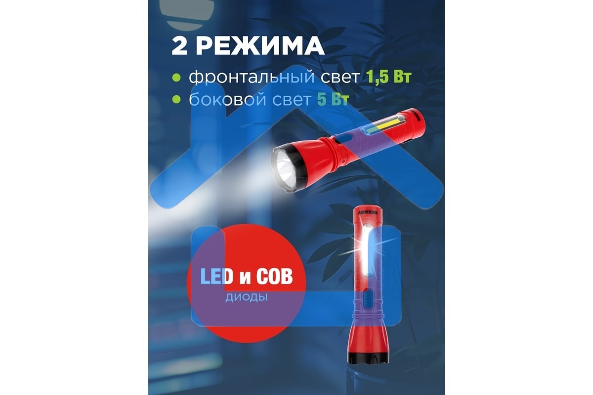 Фонарь рабочий/поисковый Rexant 75-711, головной + боковой свет 1,5 Вт + 5Вт СОВ боковой, встроенный аккумулятор, зарядка напрямую от сети (евророзетка) 220 В
