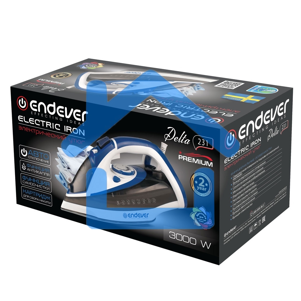 Утюг электрический Endever Delta-231, белый/синий/черный, 3000 Вт, Подача пара до 75 г/мин, Паровой удар до 190 г/мин, 10 шт/уп