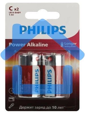 Элемент питания алкалиновый C/LR14 1.5В Power (блист. 2шт) Philips Б0062687