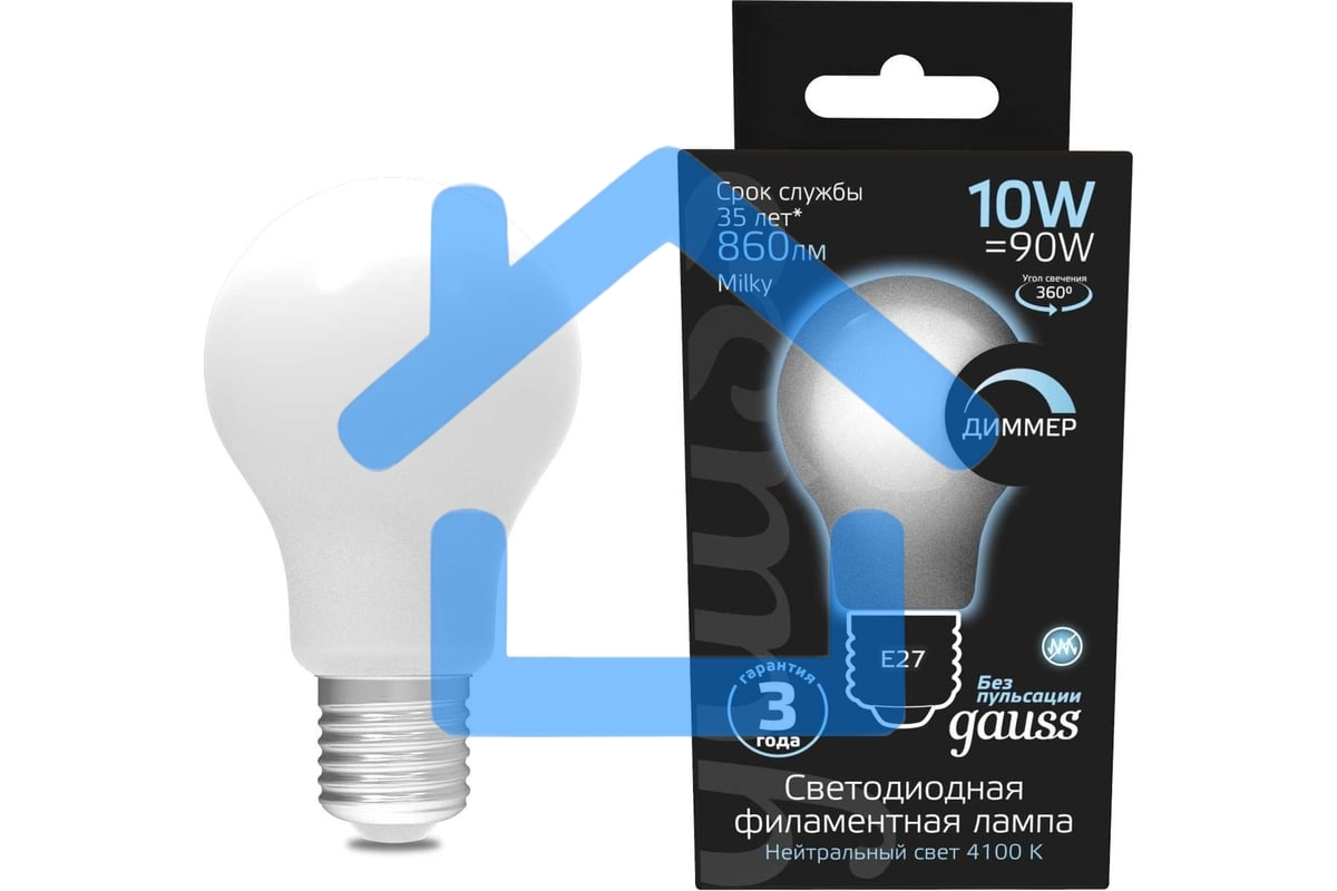 Лампа светодиодная GAUSS Filament A60 E27 10Вт 4100К OPAL диммир 102202210-D